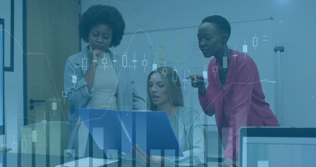 Women Collaborate on Business Strategy with Financial Data Overlays
