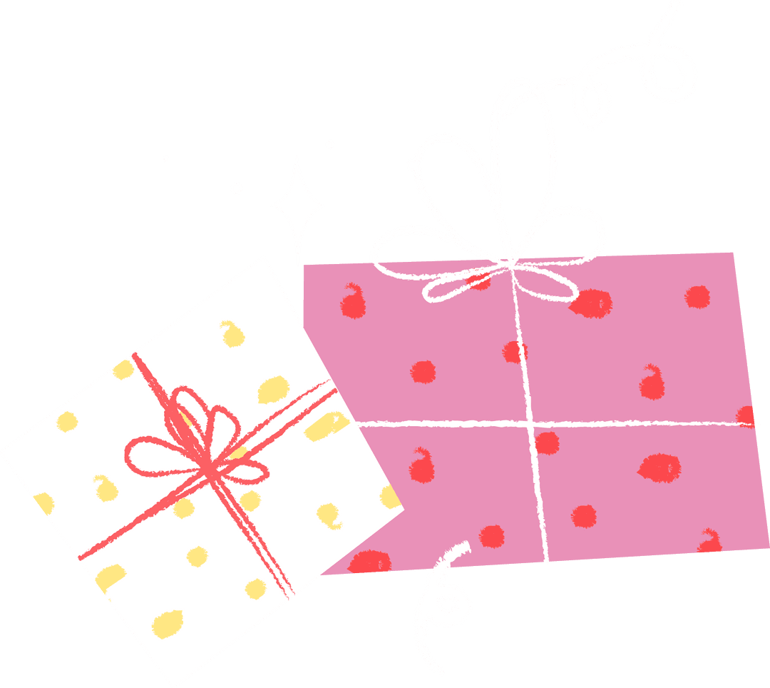 Whimsical Chalk Sketch Gift Boxes with Polka Dots and Ribbons on Transparent