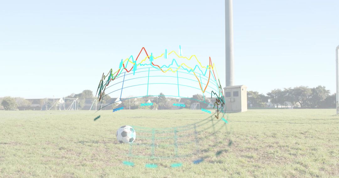 Floating holographic multicolored analytics graph circling soccer ball on sports field