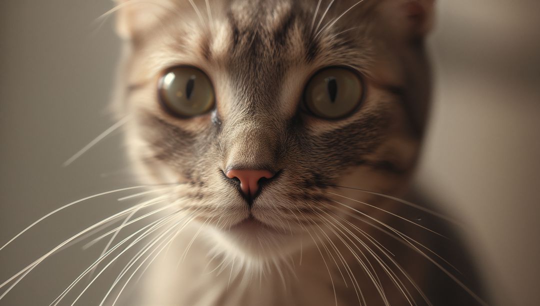 Intimate Close-Up Tabby Cat Portrait with Green Eyes, Pink Nose and Long Whiskers