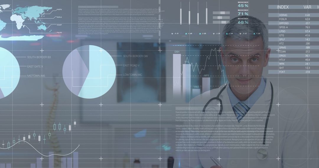 Caucasian Doctor with Financial and Medical Data Interface