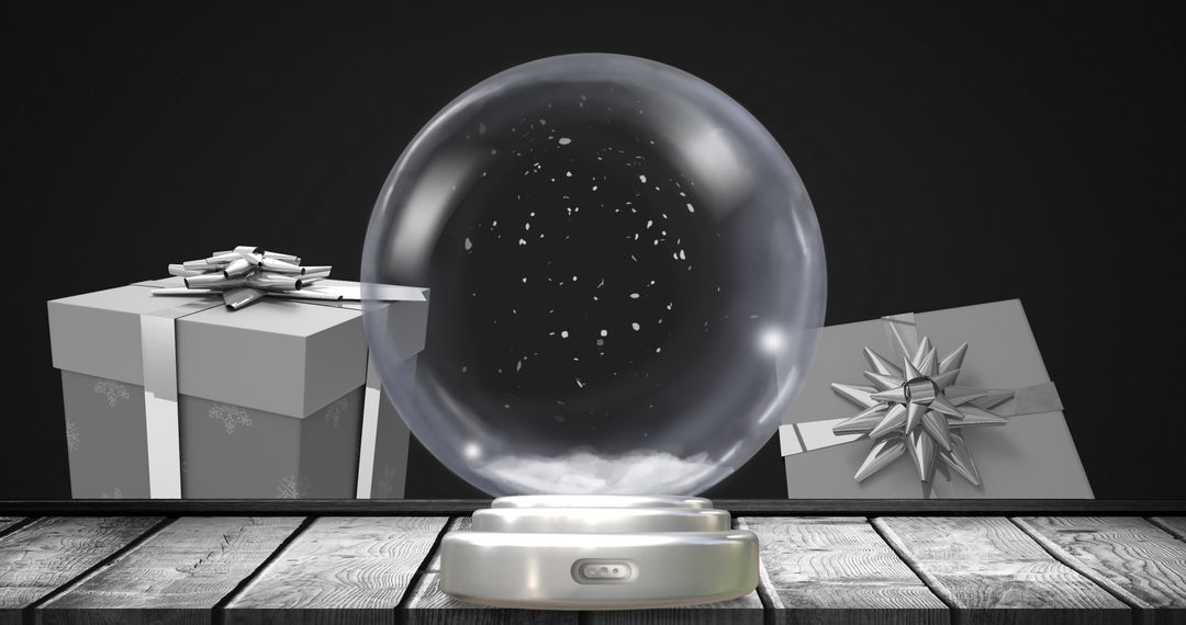 Snow Globe with Christmas Presents on Rustic Wooden Table