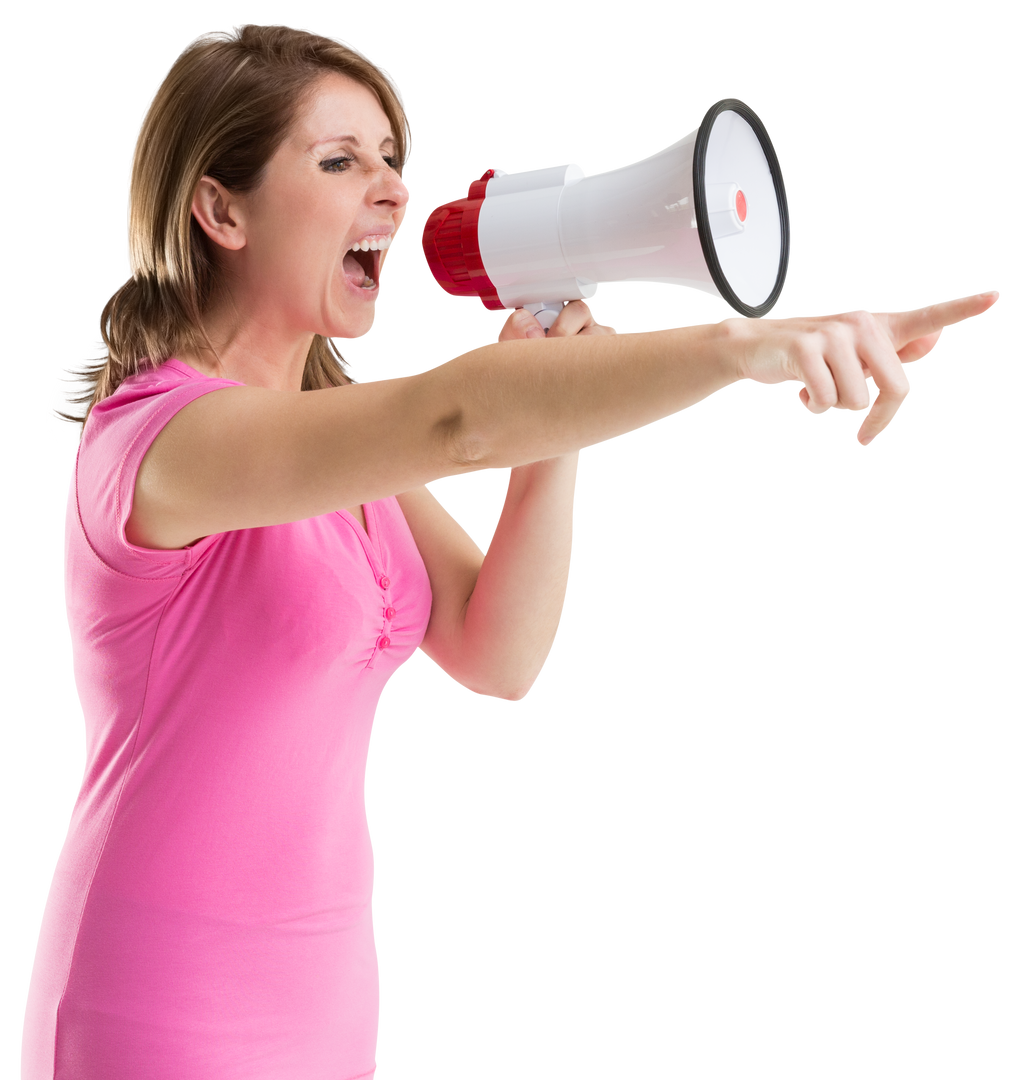 Woman Pointing and Shouting with Megaphone on Transparent Background - Download Free Stock Images Pikwizard.com