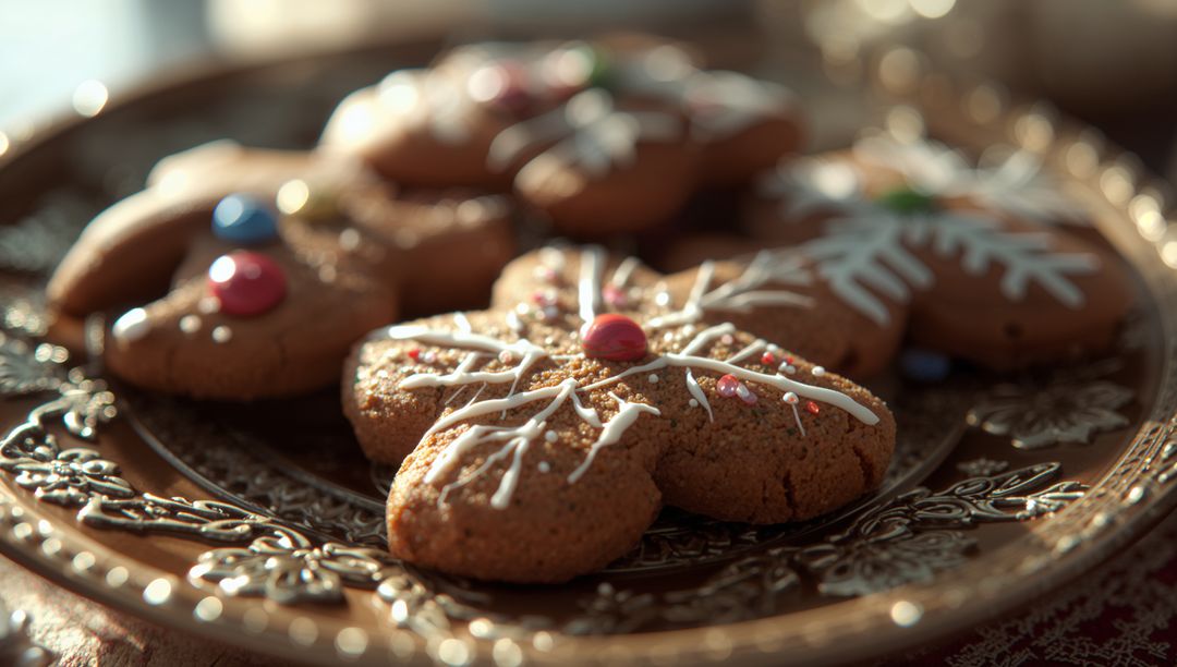 Gingerbread Cookies with Icing on Ornate Plate, Festive Display