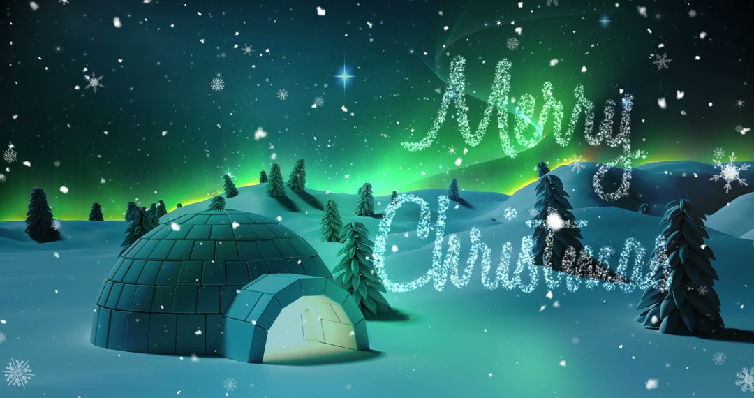 Winter Night Christmas Landscape with Igloo and Aurora Borealis - Free Images, Stock Photos and Pictures on Pikwizard.com