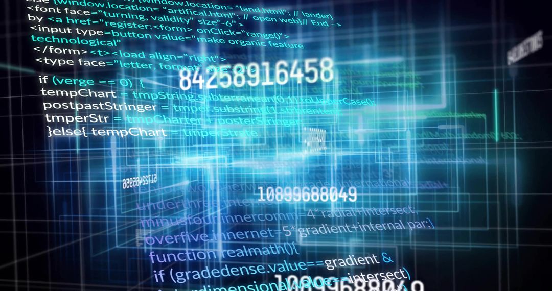 Glowing Data Cluster Streaming Code and Numeric Overlays in Neon Virtual Grid