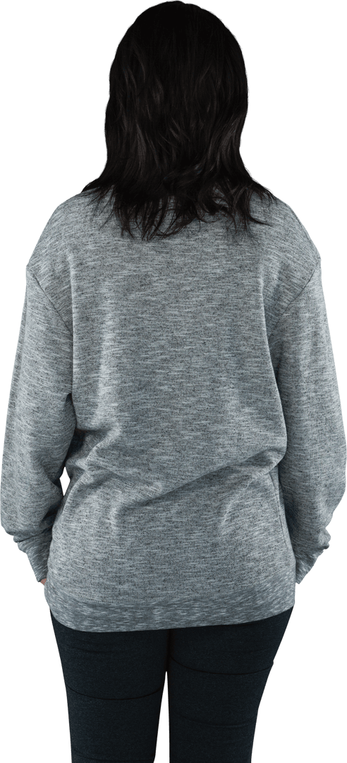 Rear View of Woman in Gray Sweater Standing, Transparent Background