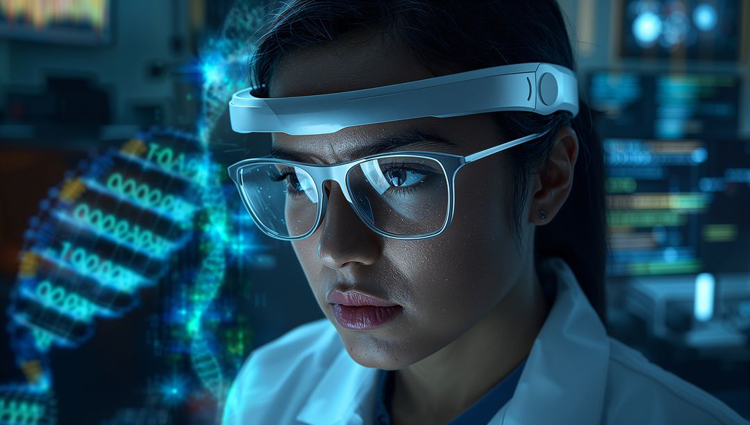 Scientist Analyzing Holographic DNA Projection Wearing AR Visor in Futuristic Genomics Lab