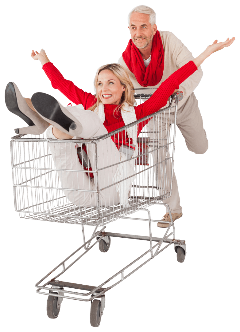 Joyful Couple Playing in Shopping Cart Transparent Background