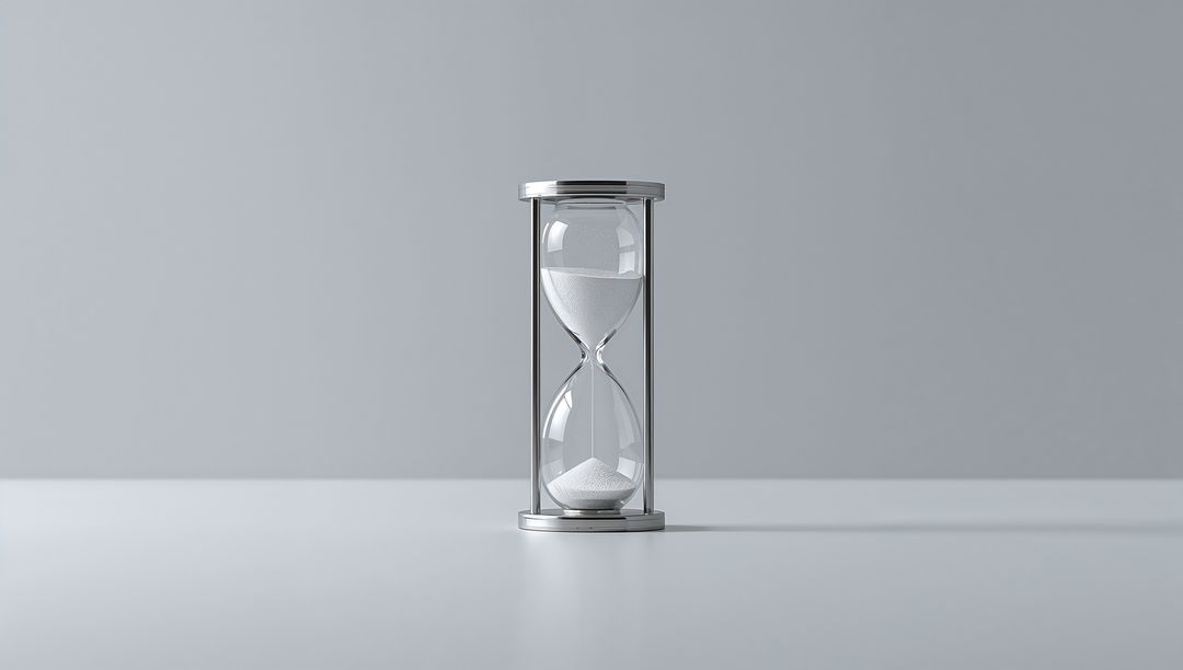 Elegant Metal Hourglass with Flowing Sand on Minimalist Surface