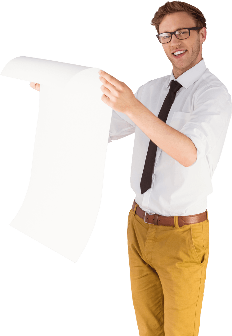 Smiling businessman reading transparent blueprint scroll