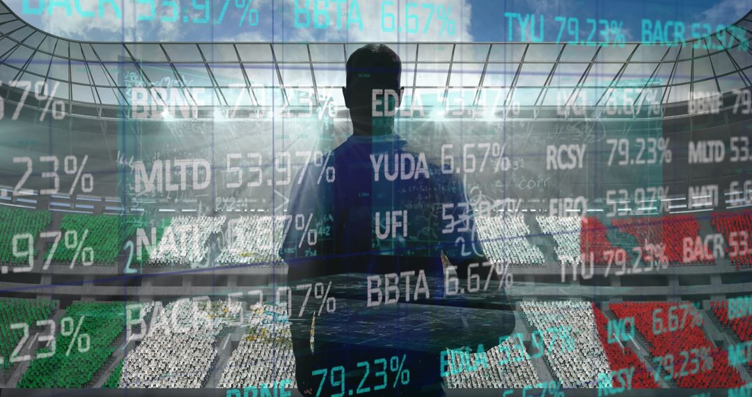 Silhouetted Rugby Player Analyzing Stock Market Data in Stadium