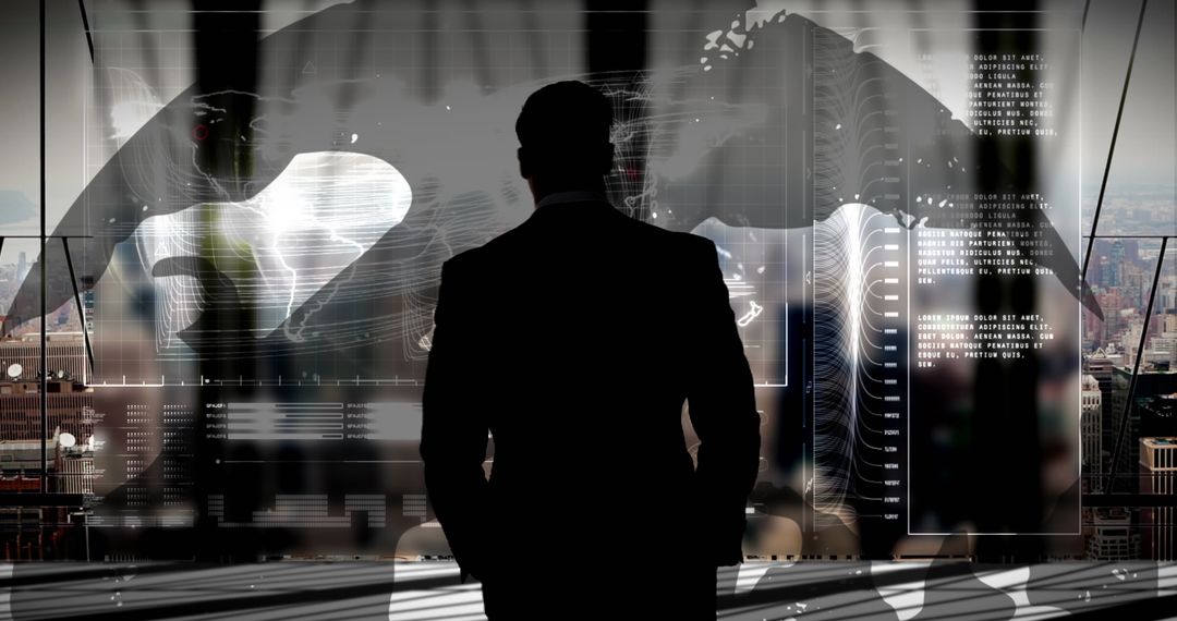 Silhouette of Businessman Analyzing Digital Data on Futuristic Interface