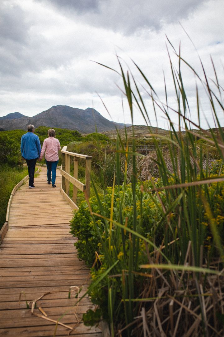 Senior Couple Holding Hands on Wooden Bridge in Nature - Free Images, Stock Photos and Pictures on Pikwizard.com