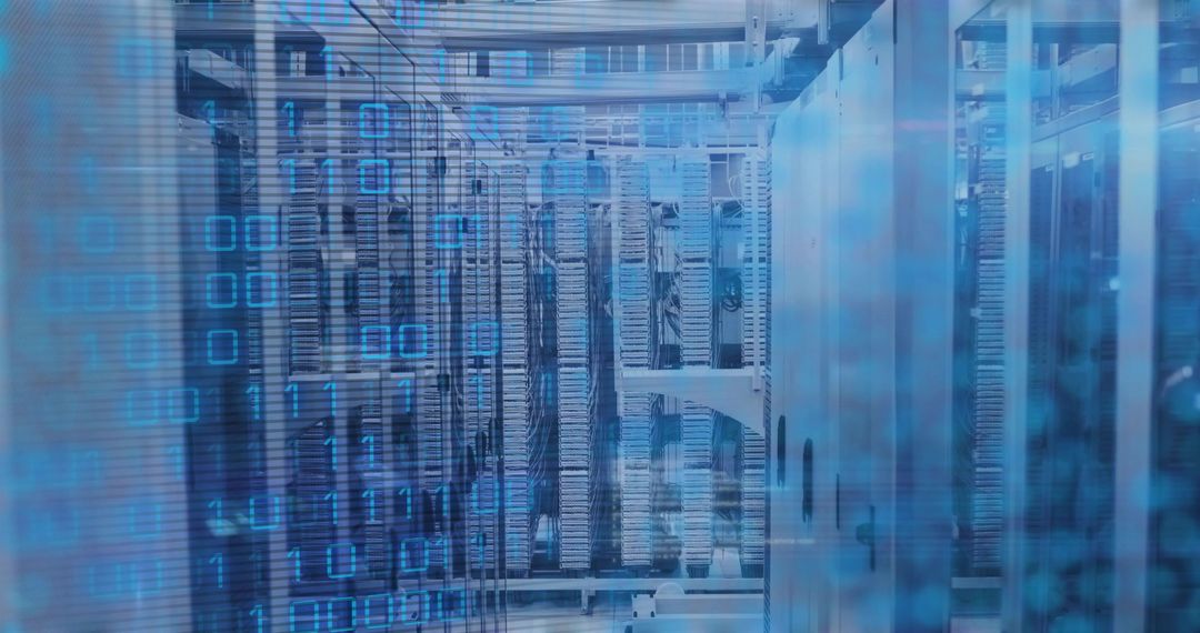 Futuristic Data Center with LED Glow and Binary Code Overlay