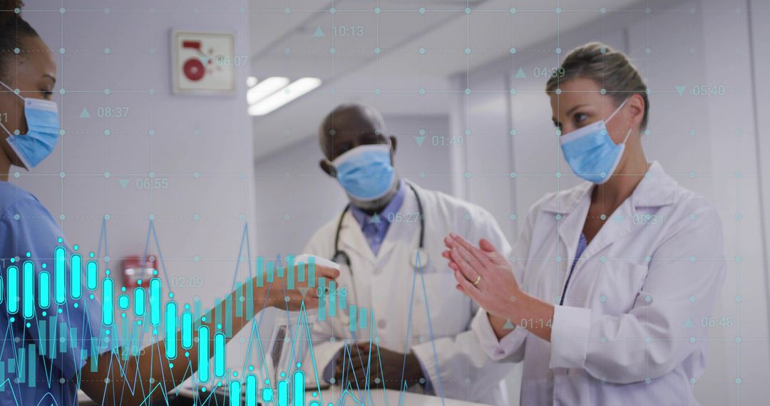 Clinical healthcare team exchanging device in hospital corridor with analytics data overlay