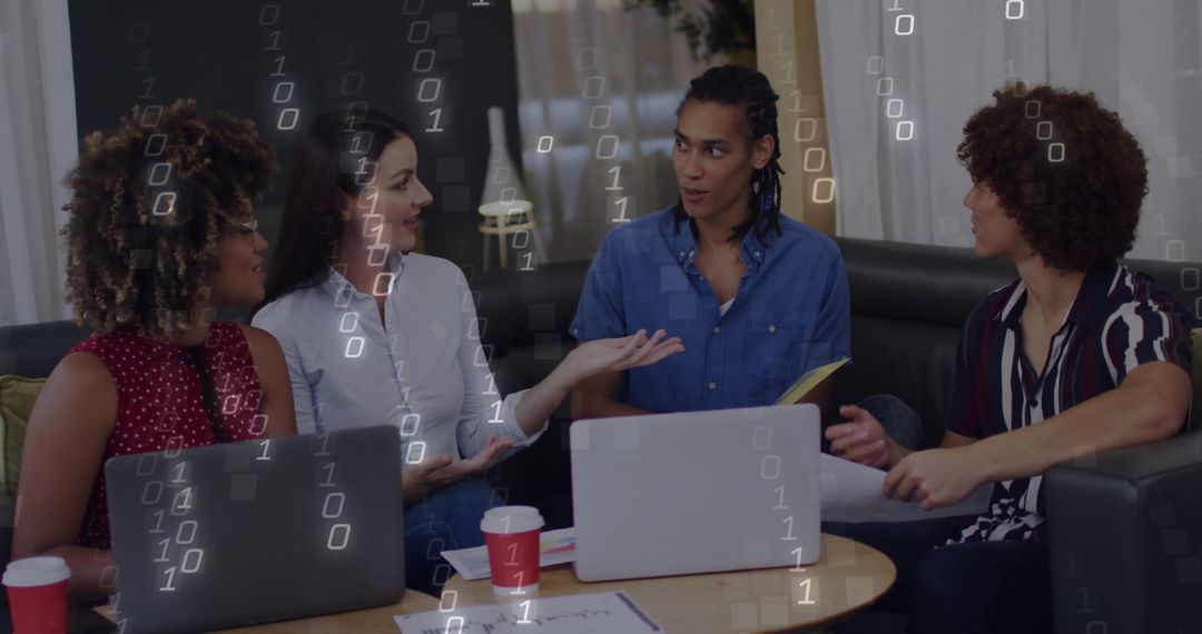 Diverse Team Collaborating in Cozy Lounge with Technology Overlay