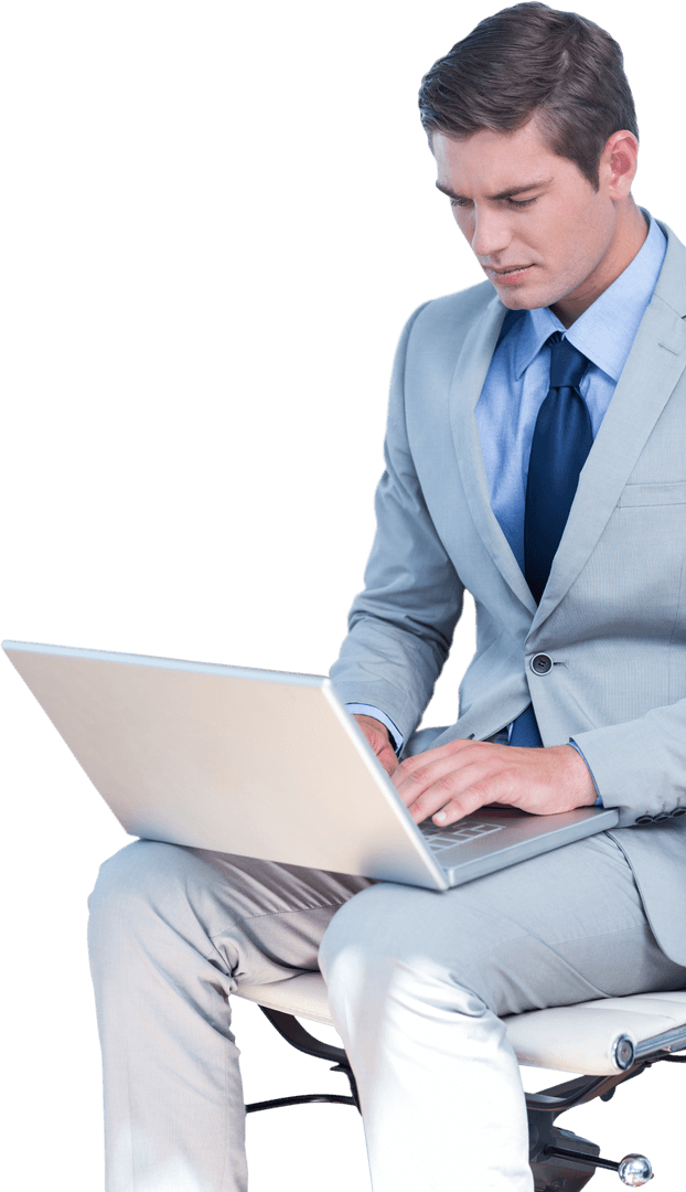 Transparent Businessman in Gray Suit Using Laptop and Focused