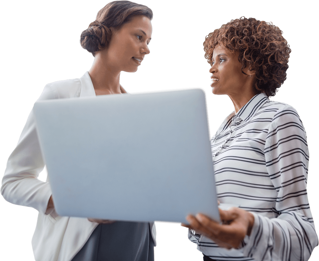 Transparent Businesswomen Collaborating with Laptop in Office Space