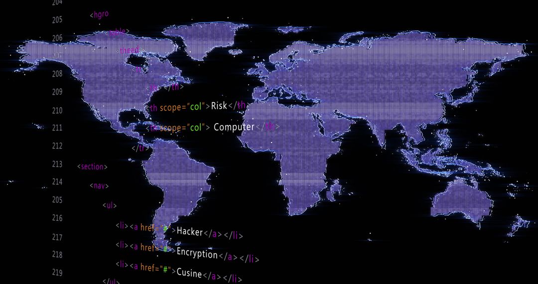 Pixelated World Map Overlayed with HTML Code in Neon Purple
