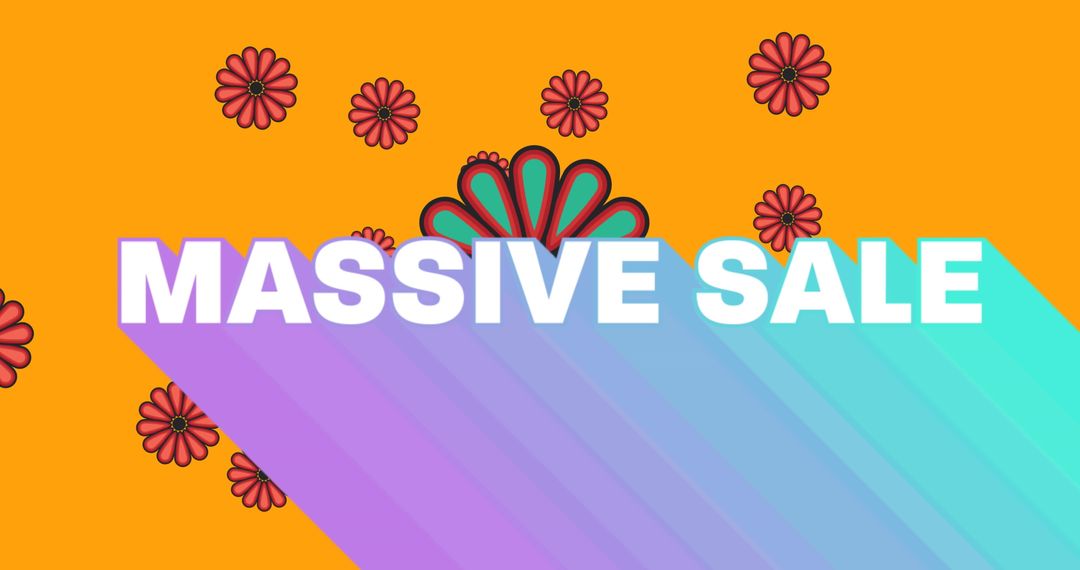 Massive Sale Banner with Retro Flowers on Orange Background