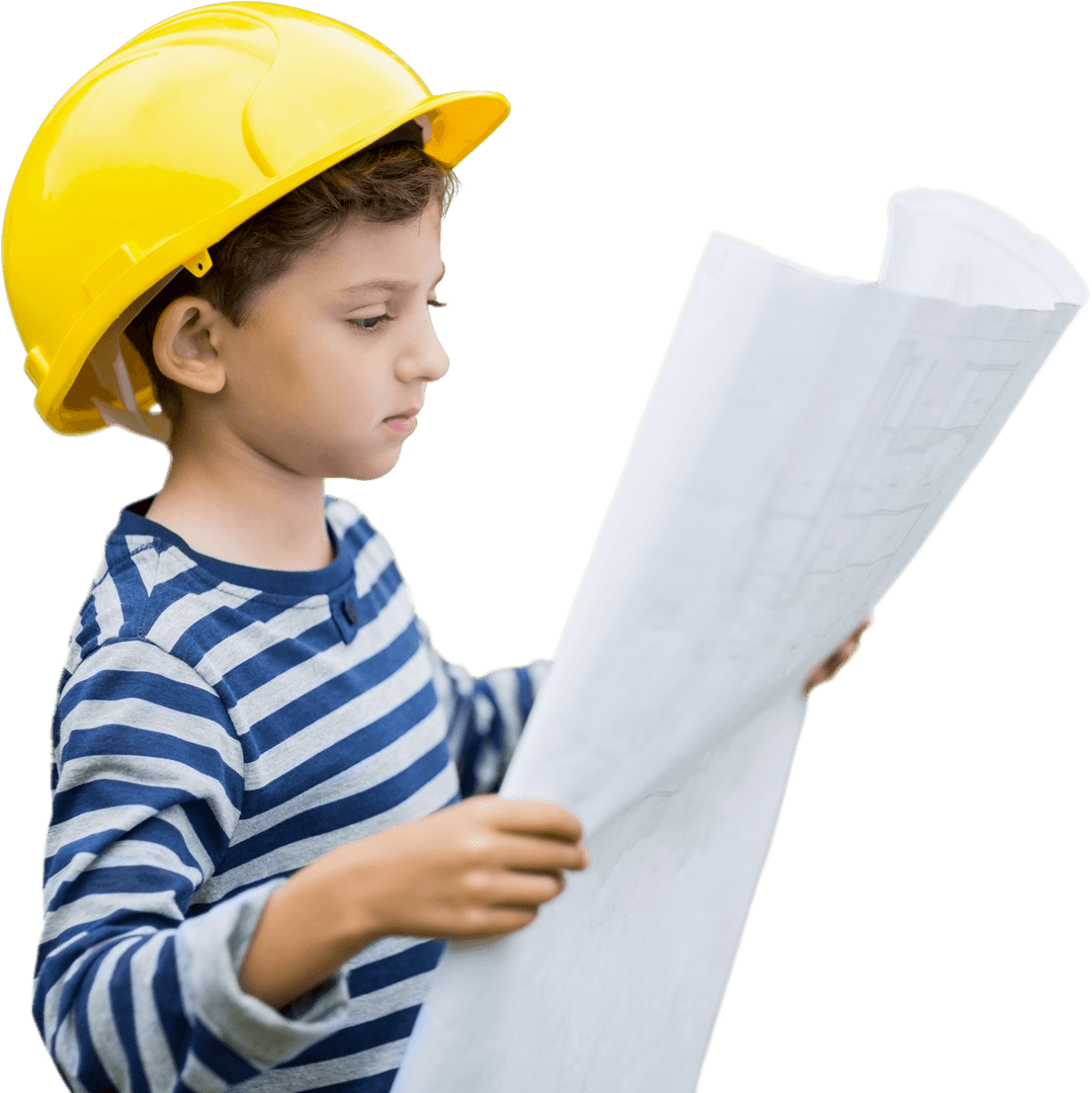 Boy in Hard Hat Reviewing Blueprint on Transparent Background
