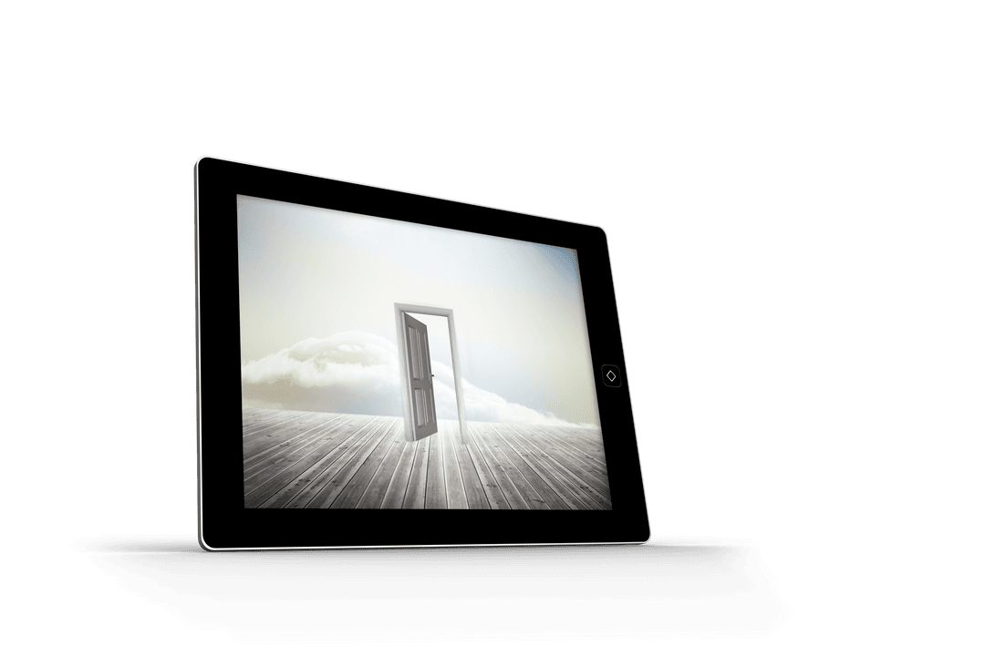 Surreal Open Door Displayed on Transparent Tablet Screen