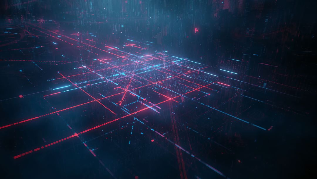 Neon Cyber Grid with Pulsing Red and Blue Lines in Virtual Space