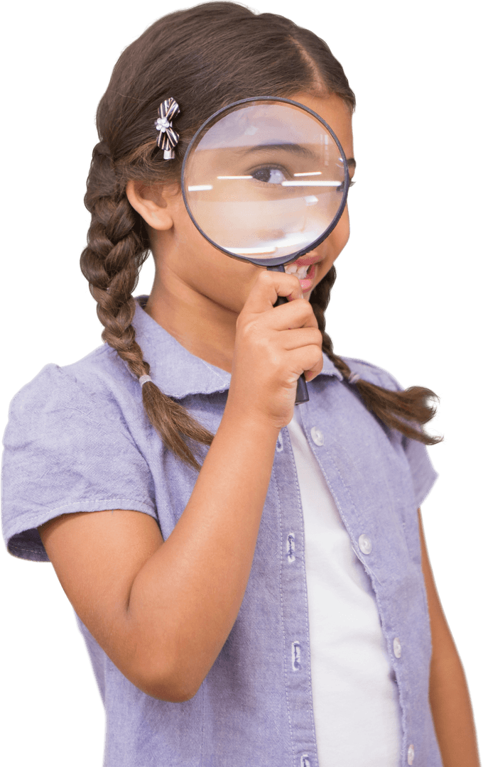 Curious Girl Inspecting Through Magnifying Glass with Transparent Background