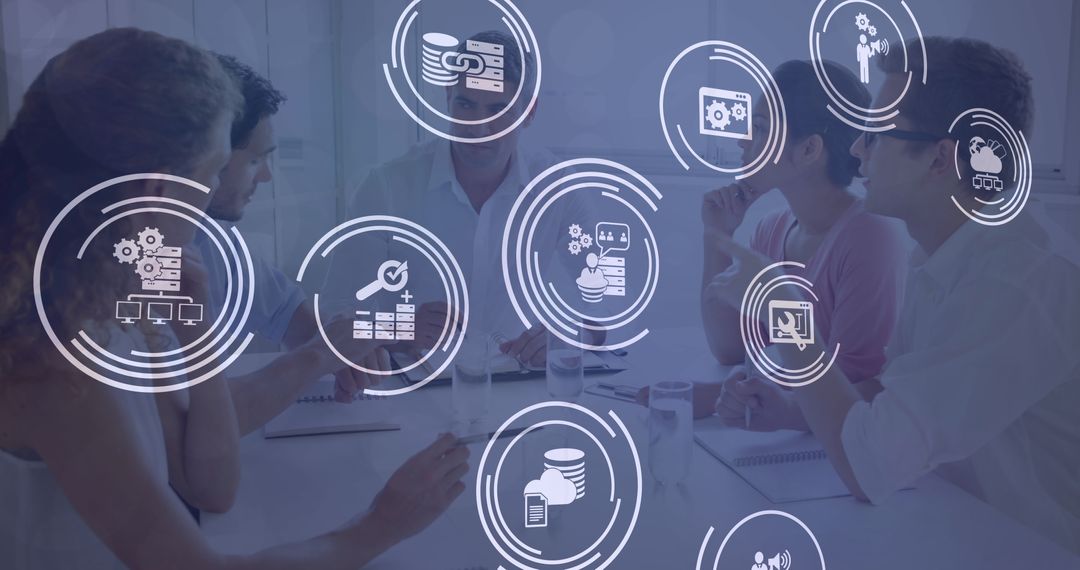 Business Team Meeting with Digital Data and Technology Icons