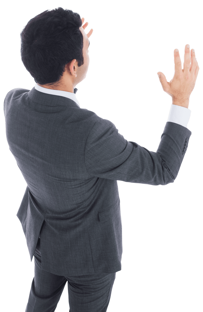 Distraught Businessman in Gray Suit with Raised Hands on Transparent Background