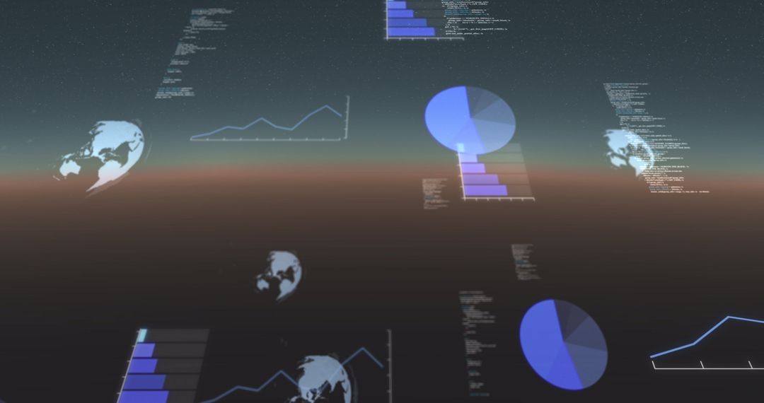 Futuristic Digital Abstract with Spinning Globes and Charts