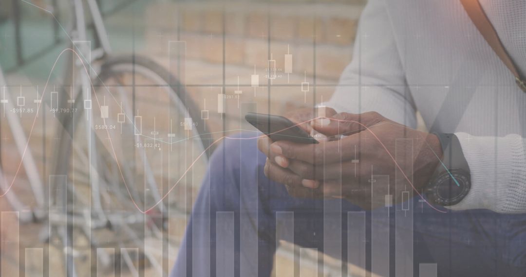 Financial Data Overlay on Man Using Smartphone While Commuting