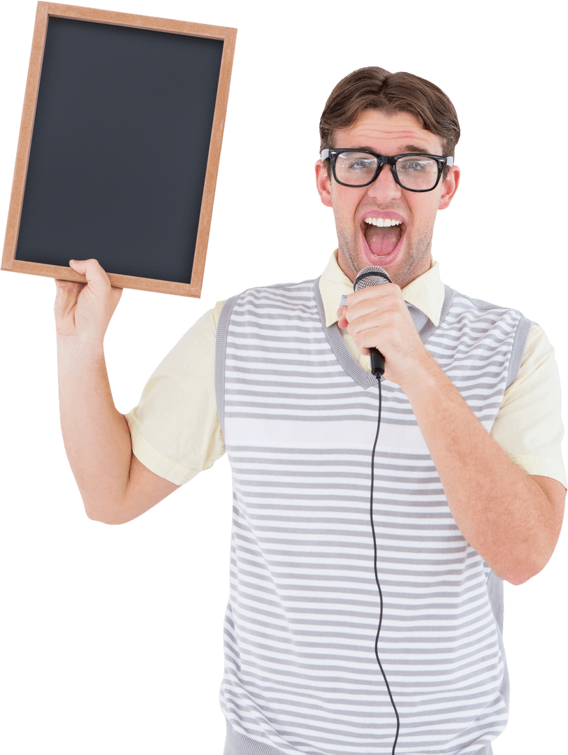 Geeky Person Holding Black Chalkboard and Singing
