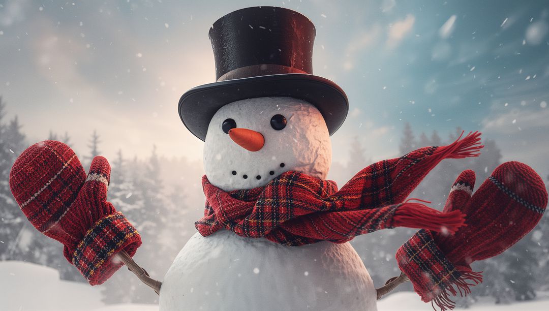 Festive Snowman in Snowy Clearing with Rustic Charm