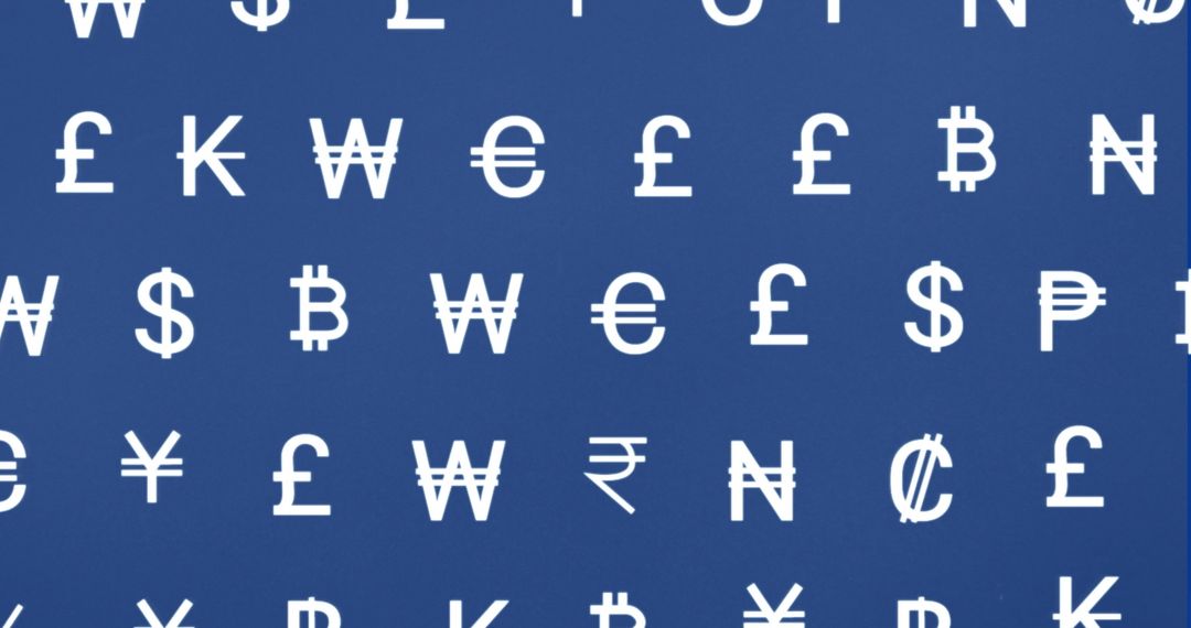 Assorted Currency Symbols on Blue Background