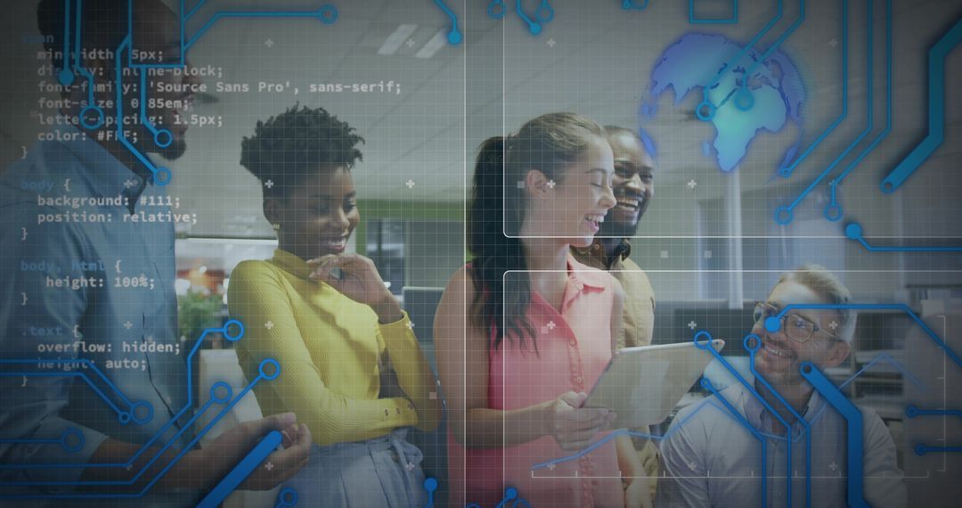 Diverse Team Collaborating Around Digital Technology in Open-Plan Office