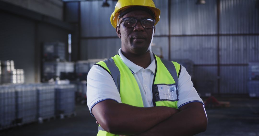 Confident Industrial Worker with Hard Hat in Warehouse - Free Images, Stock Photos and Pictures on Pikwizard.com