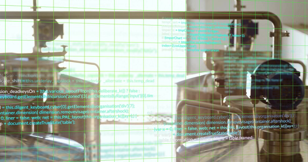 Engineers Analyzing Systems with Digital Code Overlay and High-Tech Equipment