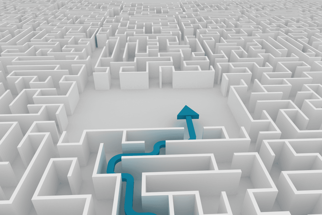 Arrow navigating complex maze on transparent background