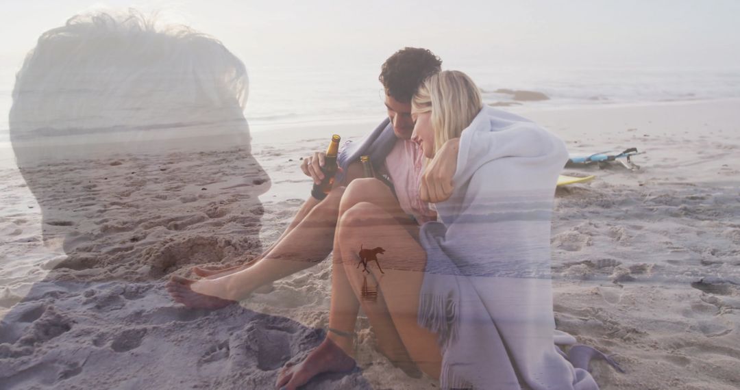 Couple Enjoying Romantic Moment on Beach at Dusk with Senior Reflection