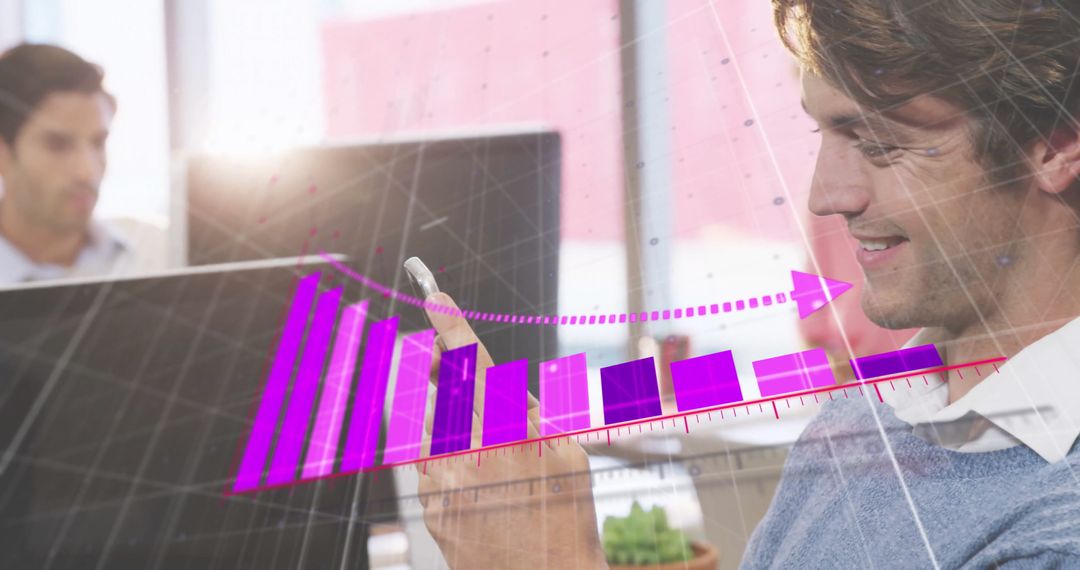 Caucasian Businessman Using Smartphone with Financial Data Overlay