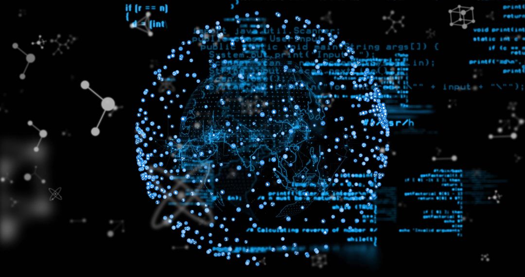 Pulsing Data Globe with Cyan Nodes and Code Overlays, Futuristic Network Sphere and Molecular Icons