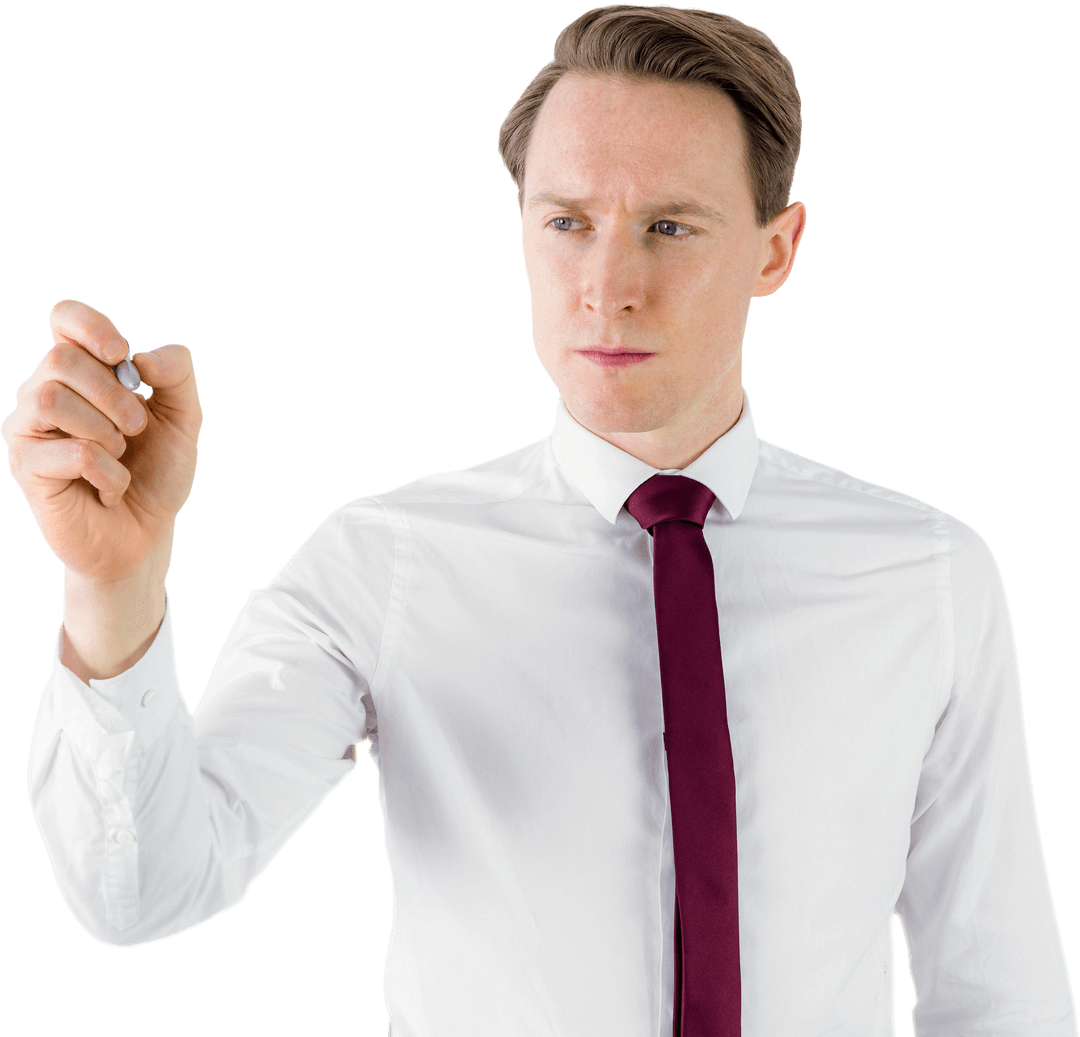 Confident Businessman Writing with Invisible Chalk on Transparent Surface