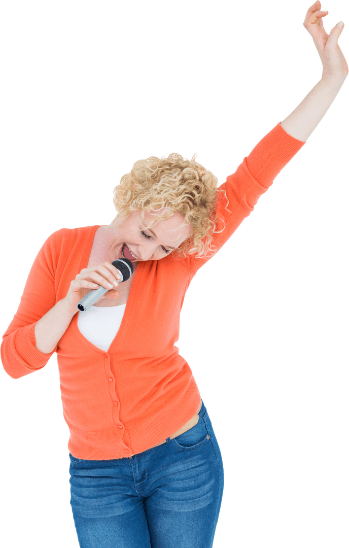 Happy Woman Singing with Microphone on Transparent Background