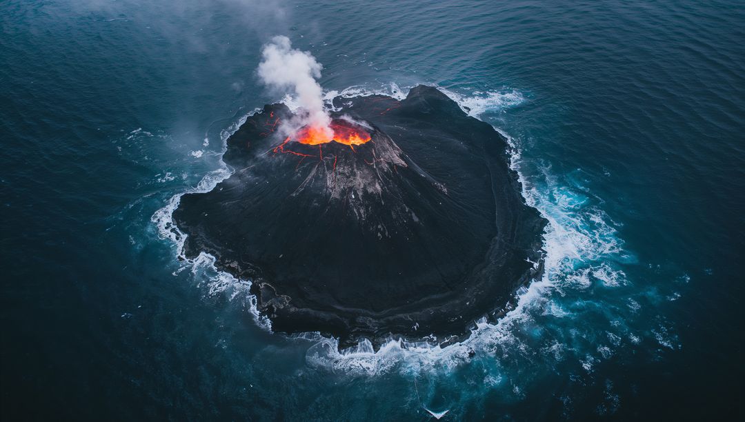 Remote Volcano Gushing Lava into Ocean Amidst Roaring Waves