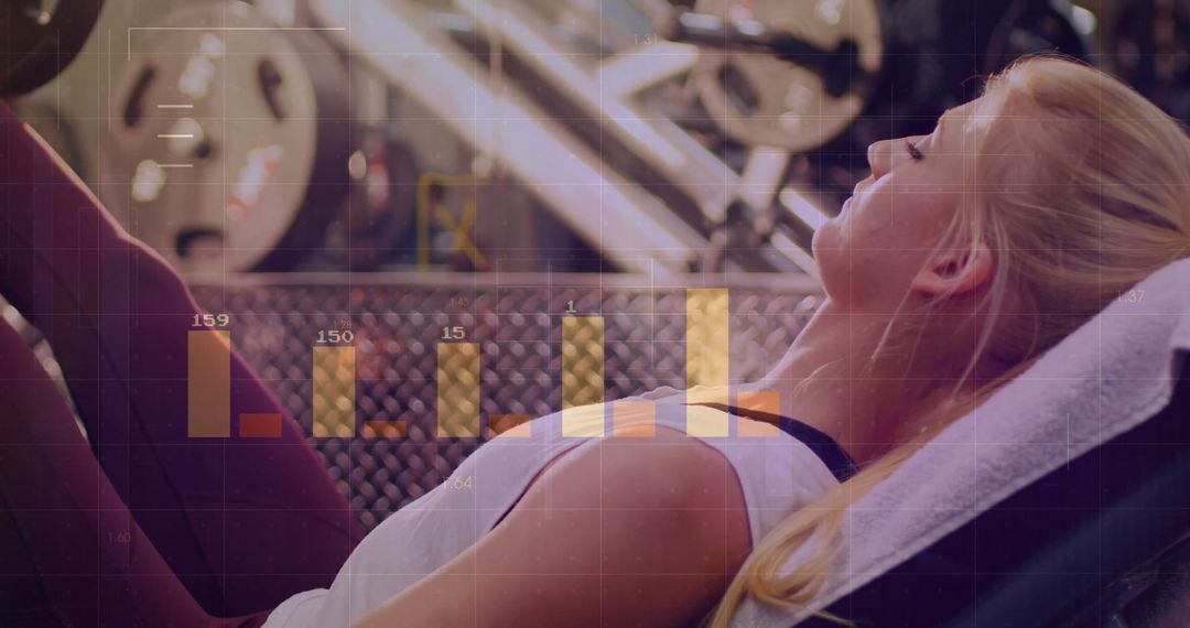 Woman Using Leg Press at Gym with Digital Data Overlay