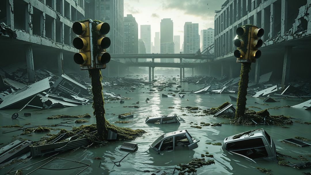 Post-Apocalyptic Urban Flood with Submerged Cars and Traffic Signals