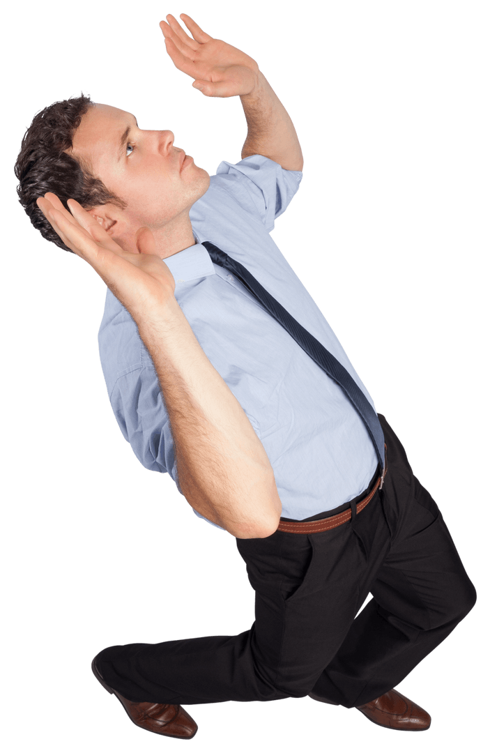 Transparent Businessman Posing with Raised Arms Expressing Confidence