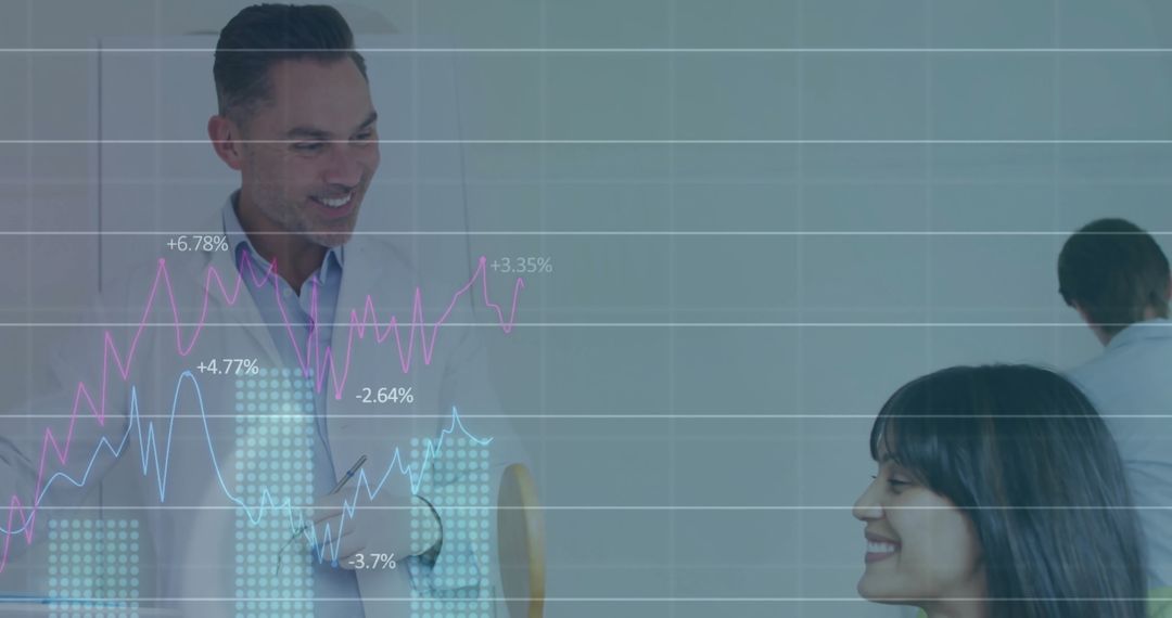 Corporate Team Analyzing Financial Data with Chart Overlay